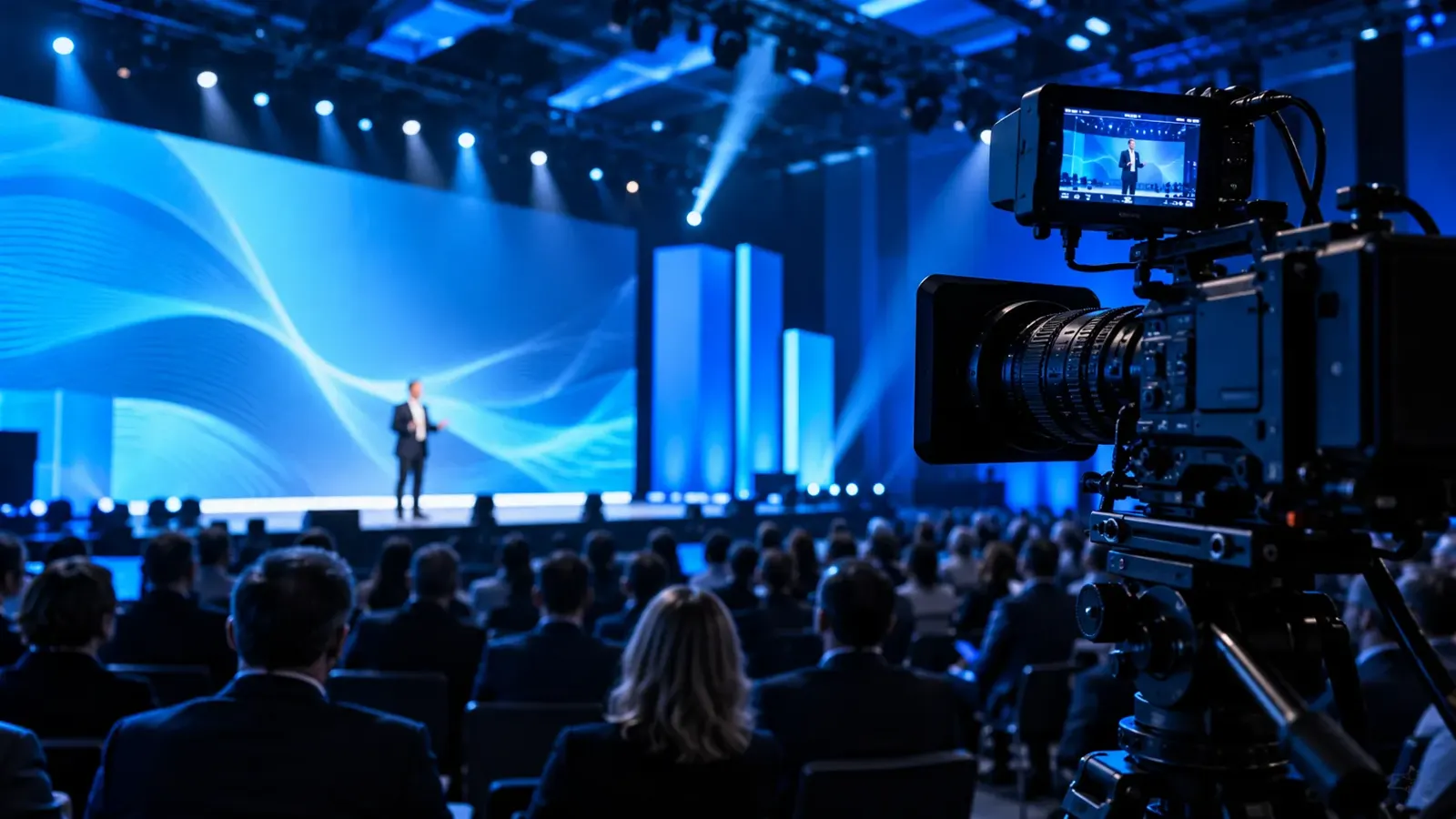 Professional broadcast camera filming a blue-lit corporate stage