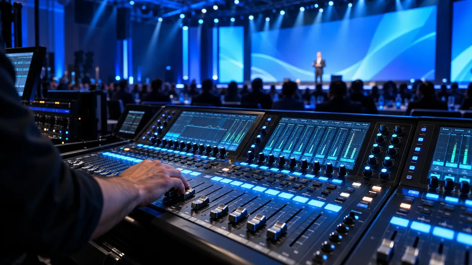 Professional audio production desk at a corporate event
